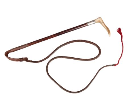 SWAINE, LONDON: A LADY'S HUNTING CROPwith antler handle and hallmarked silver collar, brown leather plaited shaft and thong, 