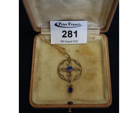 A 9ct gold blue stone and pearl Edwardian pendant. 5.2g approx. (B.P. 21% + VAT) Chain hallmarked and good. No damage, defect