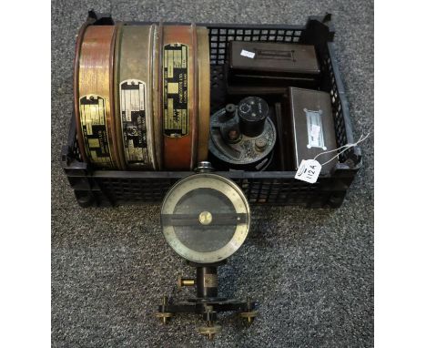 A box of vintage scientific instruments to include; precision weights, laboratory test sieve x 3, Philip Hams & Co, vertical 