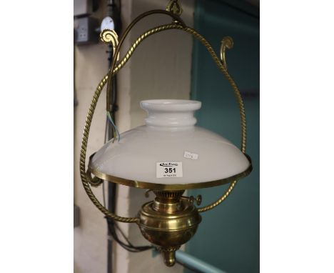 Early 20th Century glass oil burner hanging lamp with opaline glass shade. (B.P. 21% + VAT) 