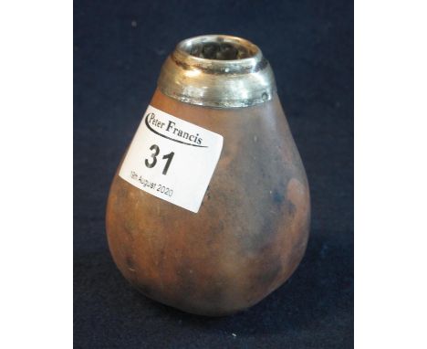 Small pear shaped flask with white metal rim, lacking stopper. 8.5cm approx. (B.P. 21% + VAT) 