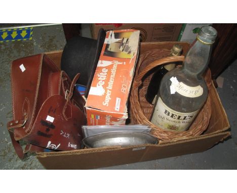 Box of assorted items to include; leather satchel, vintage bowler hat, Bell's old Scotch whisky, glass jar or bottle with coi