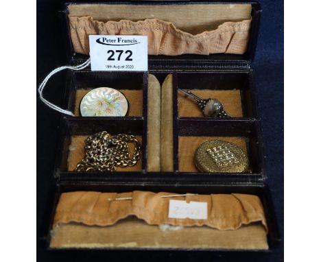 A collection of silver and costume jewellery in small leather jewellery case, including a silver and enamel locket, moss agat