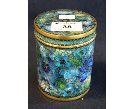 Cloisonne enamel oriental straight sided cylindrical box and cover, overall decorated with flowers and foliage. (B.P. 21% + V