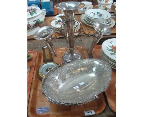 Silver plated table centre epergne by Walker and Hall, together with a silver plated cake basket with swing handle and a mode