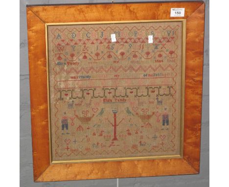 19th Century framed tapestry sampler by Eliza Tandy, 40 x 37cm approx. Maple glazed frame. (B.P. 21% + VAT) 