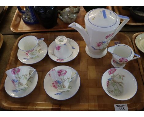 11 piece Shelley Art Deco porcelain 'Eve' part coffee set comprising; four cups, four saucers, milk jug, sucrier and coffee p