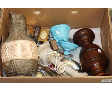 Box of oddments to include; odd pieces of silver, pottery, glass, table lamp, brassware, paperweight etc. (B.P. 21% + VAT) 