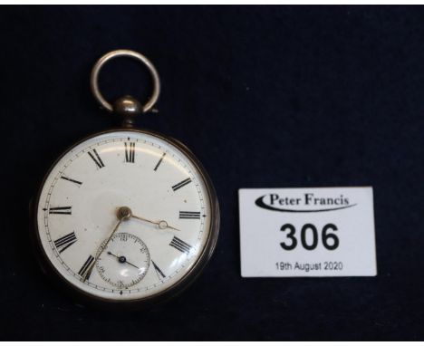 19th Century silver key wind open faced pocket watch with enamel dial, having Roman numerals and seconds, London hallmarks. 1