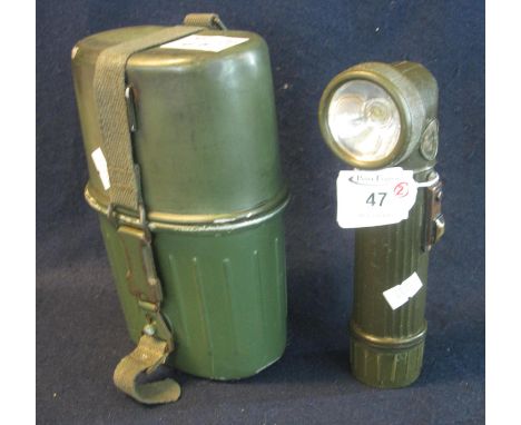 Aluminium military flask with integral cup and webbing, together with similar hand torch 5A/5105033 with crow's foot, British