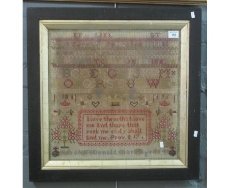 19th Century tapestry sampler by Sarah Mcdonald Clark age 14, dated 1896, having religious text 'I love them that love me and