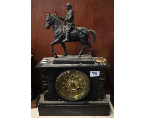 Black slate and marble two train mantel clock with equestrian mount. 51cm high approx. (B.P. 21% + VAT) 