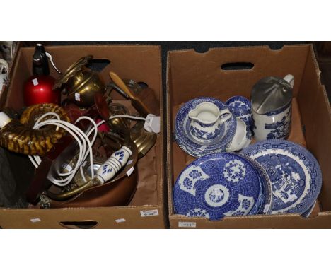 Two boxes of china, metalware and other items, various to include; various blue and white plates, blue and white transfer pri