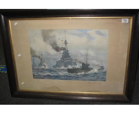 After Norman Wilkinson, 'HMS Iron Duke Britain's Watch Dogs', coloured print, 37 x 52cm approx. Framed and glazed. (B.P. 21% 