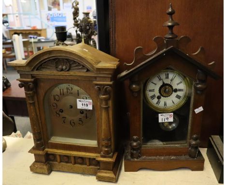 Early 20th Century oak architectural two train mantel clock, together with another probably American two train alarm mantel c