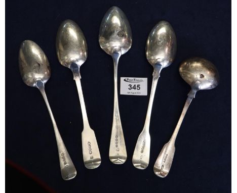 Two similar silver fiddle pattern tablespoons, two similar Old English design tablespoons and a silver fiddle pattern sauce l