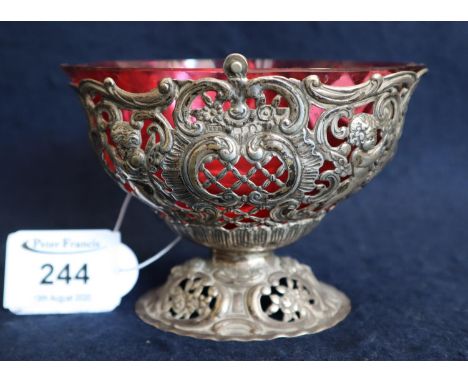 Silver pierced sucrier with swing handle (damaged) and glass liner. 4.5 troy ozs approx. (B.P. 21% + VAT) 