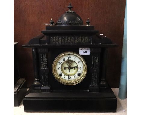 Black slate and marble architectural two train mantel clock with exposed escapement. 42cm high approx. (B.P. 21% + VAT) 