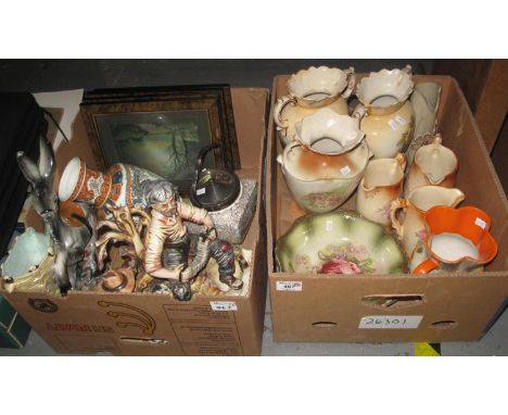 Two boxes of assorted china, various to include; Italian figurine of an old man, another Italian ceramic figure of a donkey, 