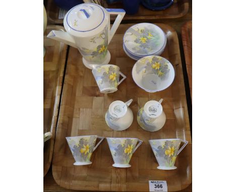 14 piece Art Deco Shelley Eve daffodil part coffee set, registration no. 756533, comprising; five cups, six saucers, milk jug