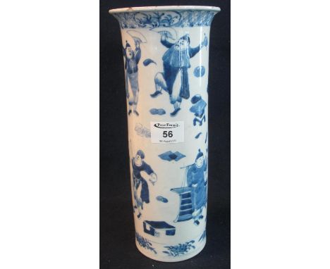 19th Century Chinese porcelain straight sided cylinder vase, overall decorated in under glazed blue with figures at work, pla