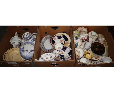 Three boxes of assorted china, various to include; 19th Century Gaudy Welsh tulip design part teaware, Hammersley fine bone c