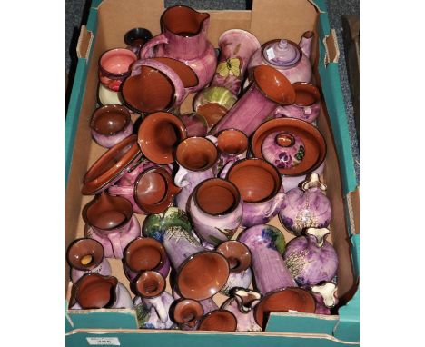 Box of assorted Torquay pottery Lemon and Crute items; mainly on purple ground decorated with butterflies and flowers to incl