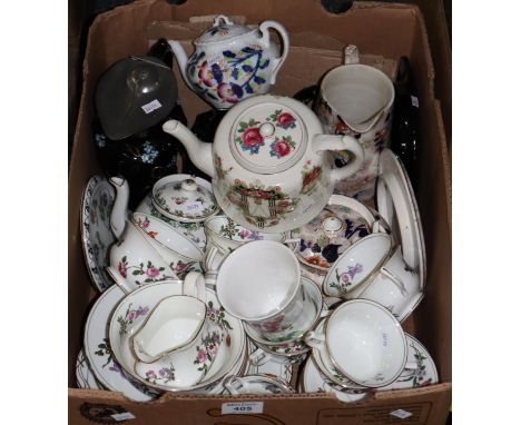 Box of assorted china, various to include; Aynsley floral teaware, Victorian black ground and enamelled teapot and matching w