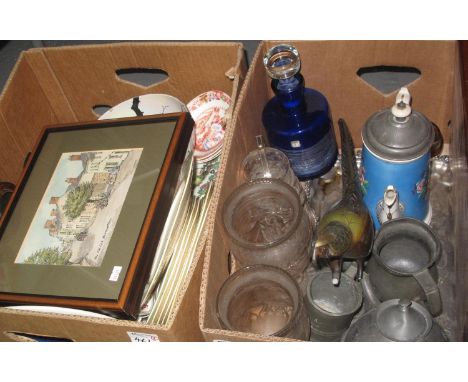 Two boxes of china and other items to include; floral teaware, floral plates including Alfred Meakin, Cometti of London moder