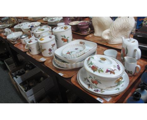 Six trays of Royal Worcester fine porcelain Evesham design items to include; plates, lidded canisters, flan dishes, tureens, 