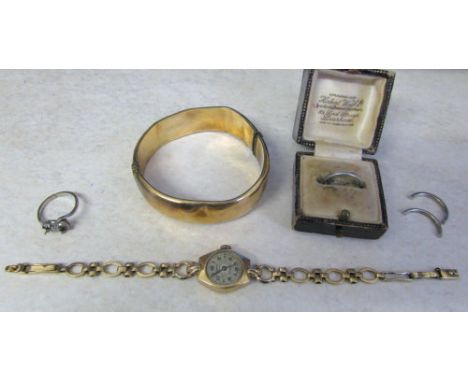 Various scrap gold inc 9ct gold ladies watch (a/f) weight (excluding face) 9.1 g, 9ct gold plated bangle, 2 platinum rings (1