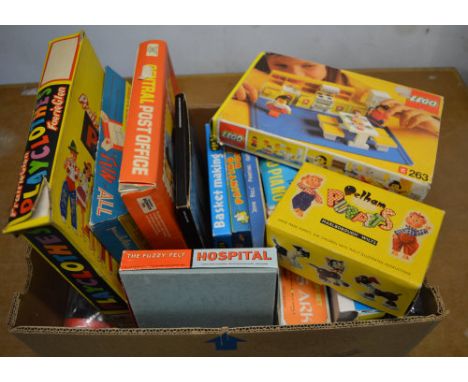 Various toys and games including Lego set 263, a Pelham Puppet of a 'Foal', Fuzzy Felt Hospital etc