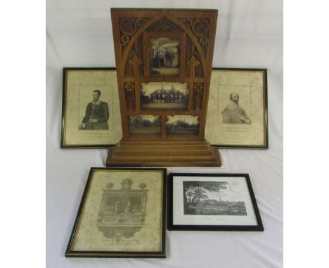Oak altar piece carved with the name Thorpe Hall & containing 4 19th century photograph of Thorpe Hall in Louth  H 52 cm, eng