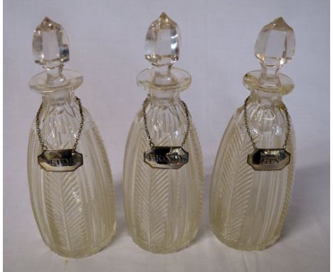 3 decanters with silver labels including Rum, Brandy and Gin (decanters AF)