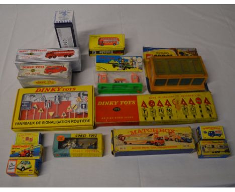 Various die cast models including Dinky Fire Engine, Matchbox cars etc