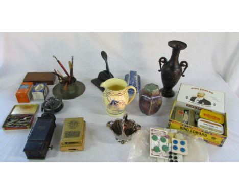 Various items inc 'The Premier' lamp, tins, assorted ceramics inc Spode, stamp & calligraphy pens etc