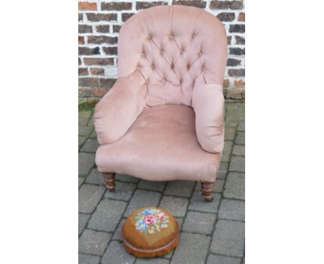 Button back tub chair and embroidered footstool