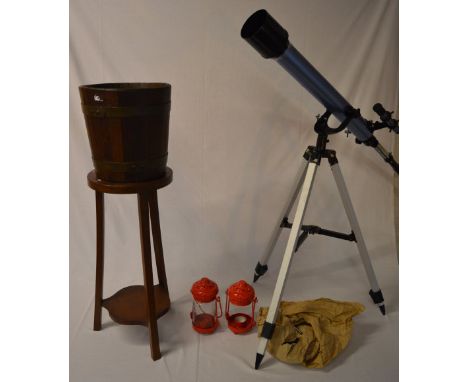Wooden plant stand, tea light lanterns (AF) and a telescope (AF)
