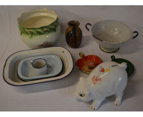 Jardiniere, various enamel kitchenware and a piggybank
