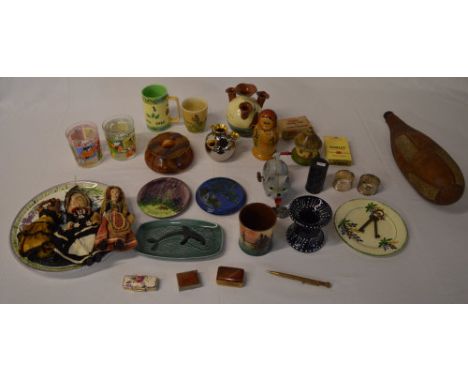 Poole dolphin pin tray, Looney Tunes glasses, small trinket pots, hamlet playing cards etc