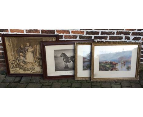 Pair of early 20th century prints of Highland cattle, print of a working horse 'Barn King 24925' signed G H Parsons 1911 & a 