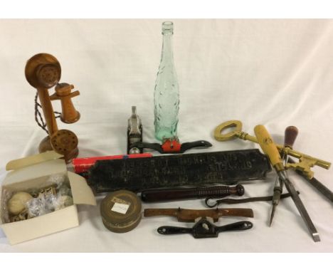 Wood working tools, cast iron Herbert Morris sign, small truncheon, brass key etc