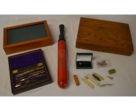 ** AMENDED DESCRIPTION ** Large cutlery box (empty) glass top display box, various pen knives, sword brooches etc (Please not