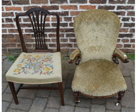 Victorian nursing chair with scrolled open arms & Hepplewhite style chair with tapestry seat