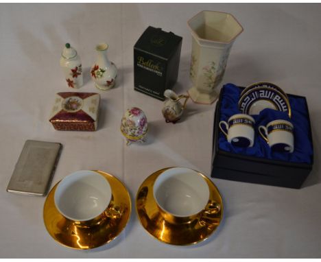 Rosenthal 2 piece coffee set, 2 Royal Worcester cups and saucers, Belleek miniature teapot etc