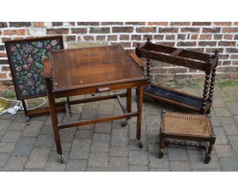 Metamorphic trolley, firescreen, umbrella stand and a cane seated footstool