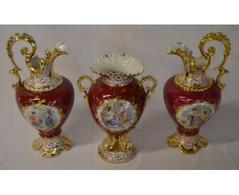 Ceramic matching vase and two jugs decorated with classical scenes and gilding (af)