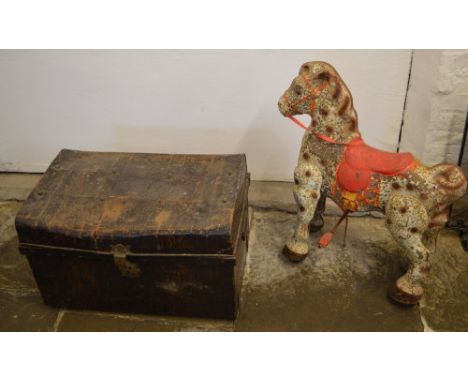Tin trunk and a childs tin toy horse