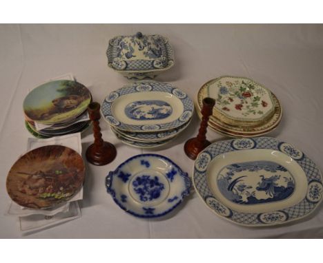 Selection of ceramic plates including collectors plates and a pair of candlesticks 