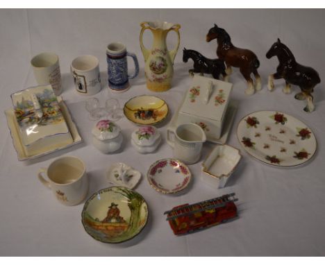 Ceramic horses, various pieces of Royal Doulton, matchbox fire truck etc